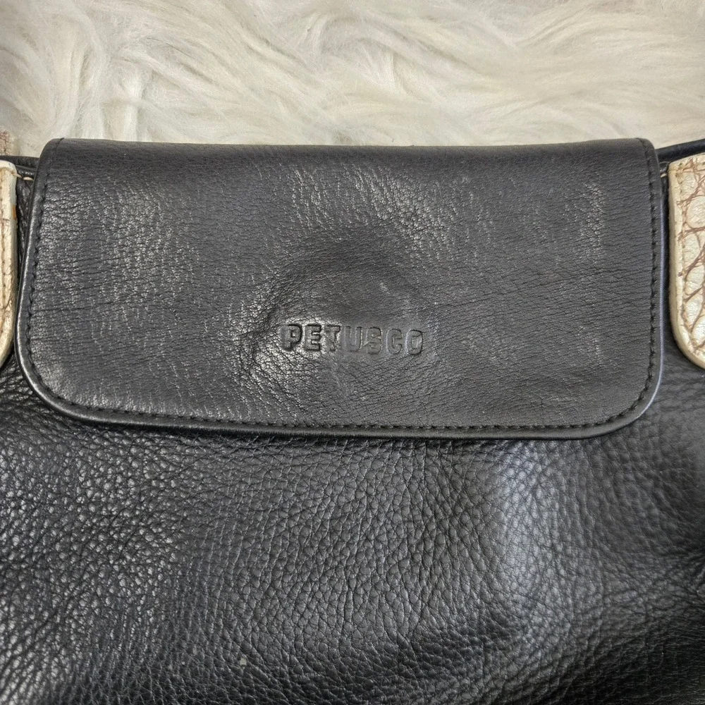Petusco Spain Black Pebbled Leather Shoulder Bag Cream Croc Trim Made in Spain